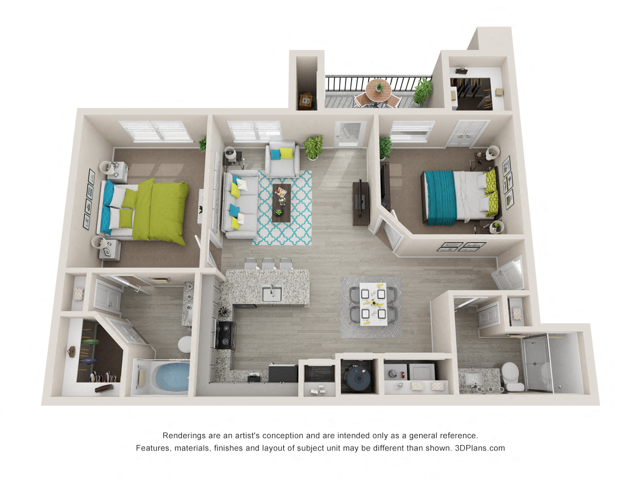 Floor plan for 2 beds, 2 baths, 1069 sqft